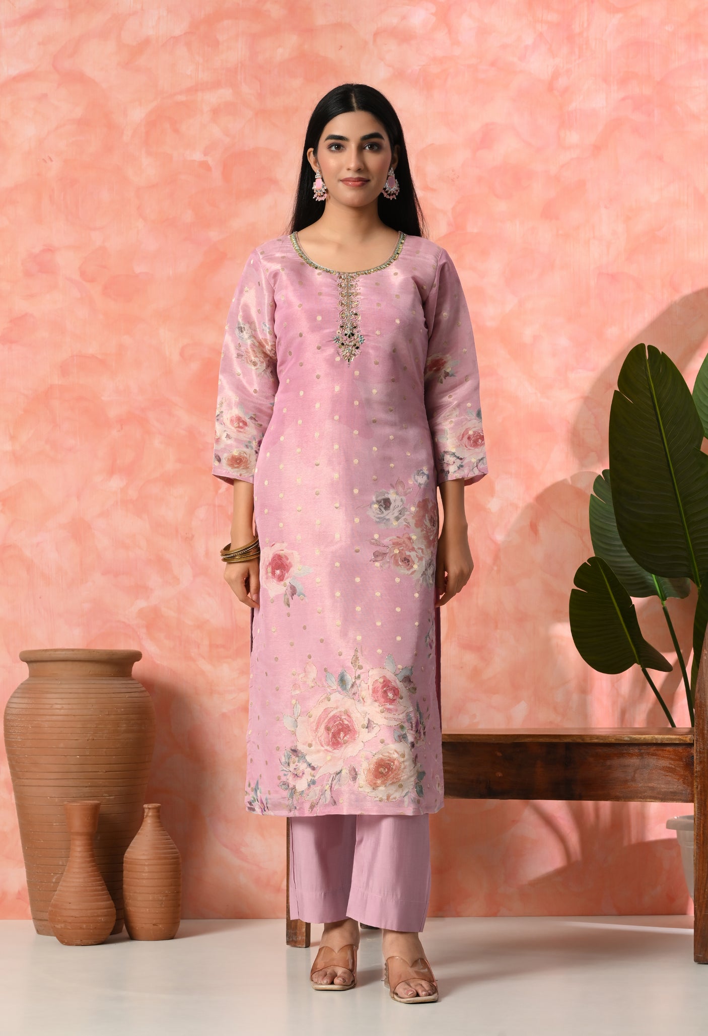 Floral Print Pink Kurta Set with Dupatta