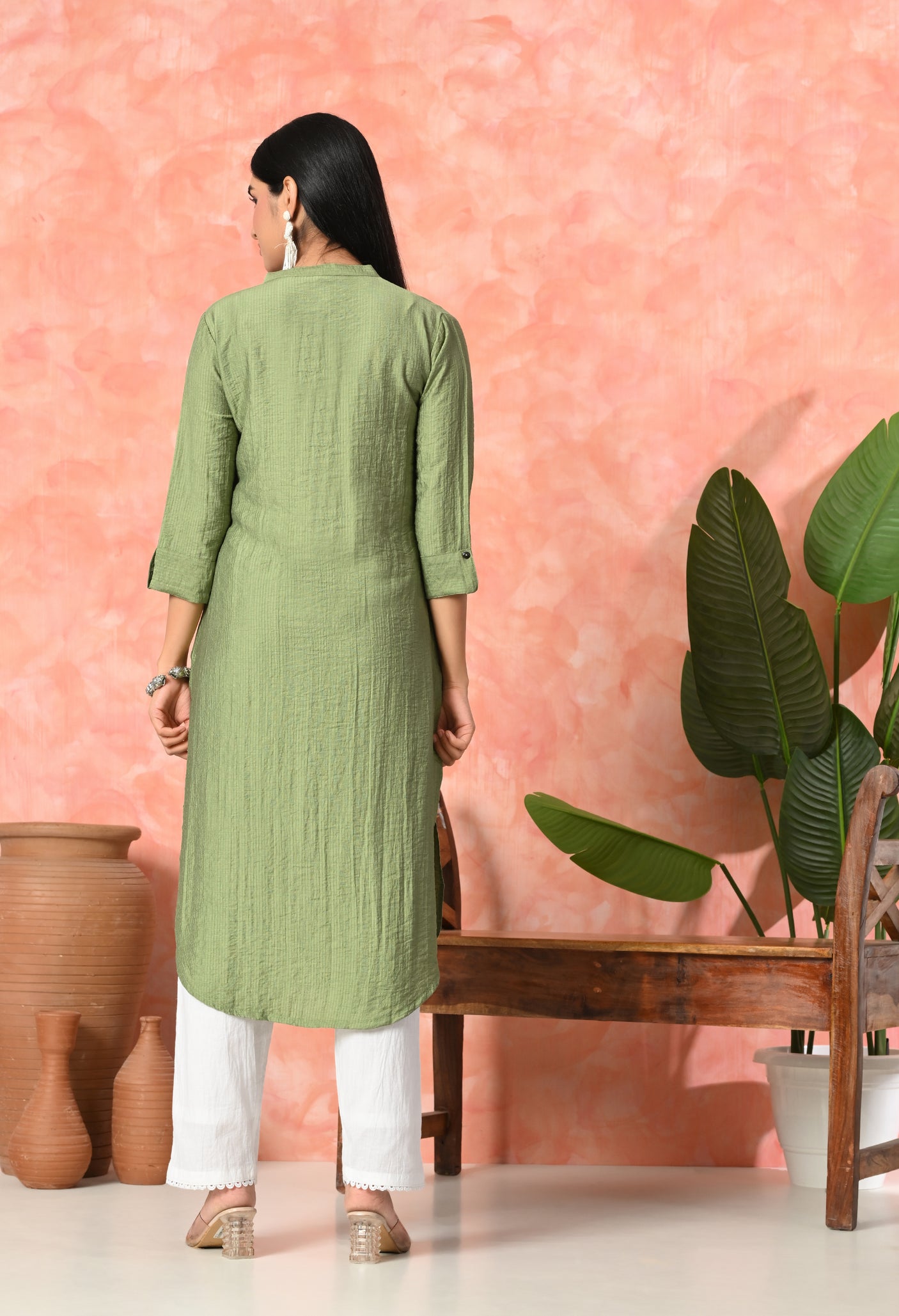 Leaf Embroidered Cotton Kurti