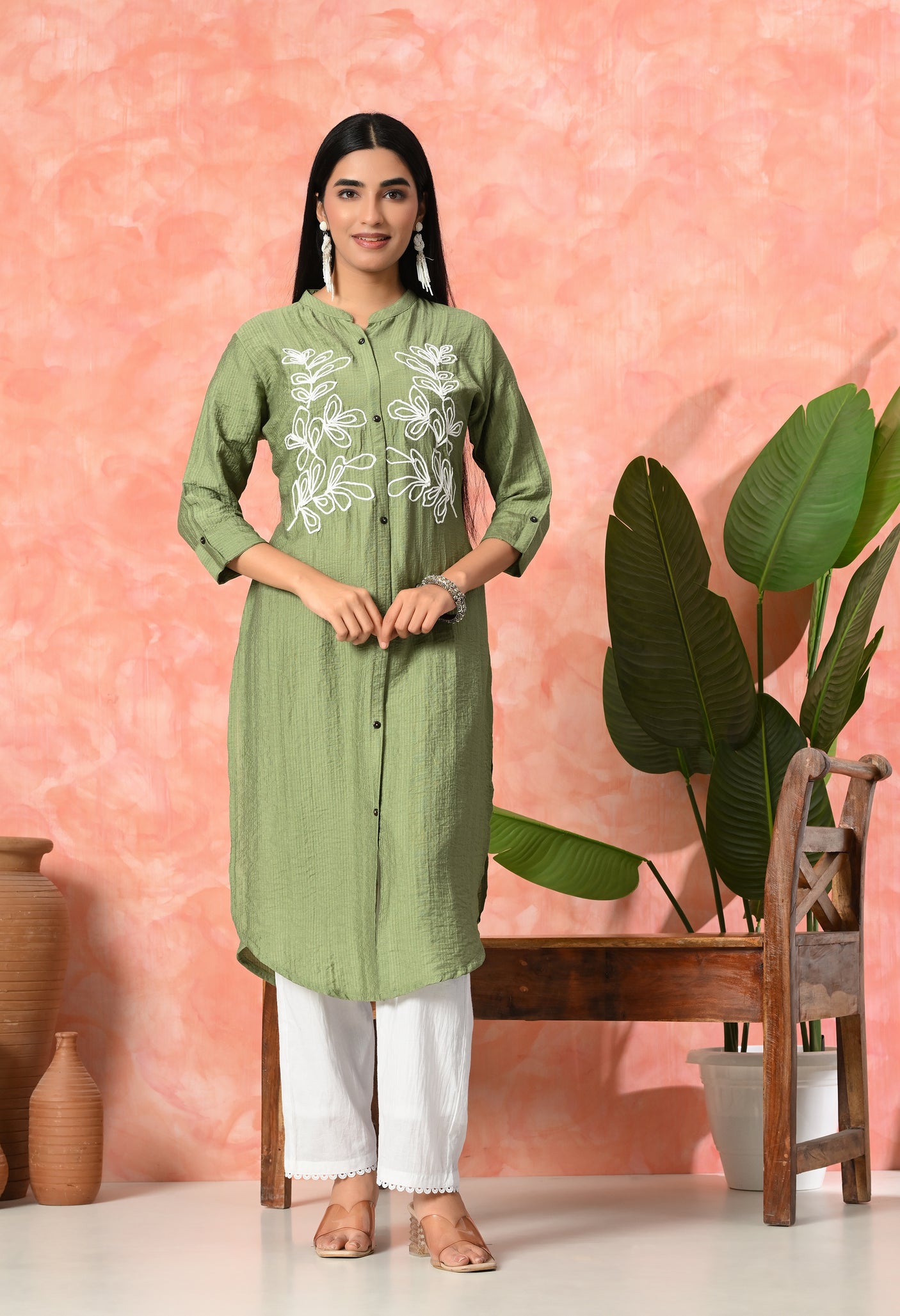 Leaf Embroidered Cotton Kurti