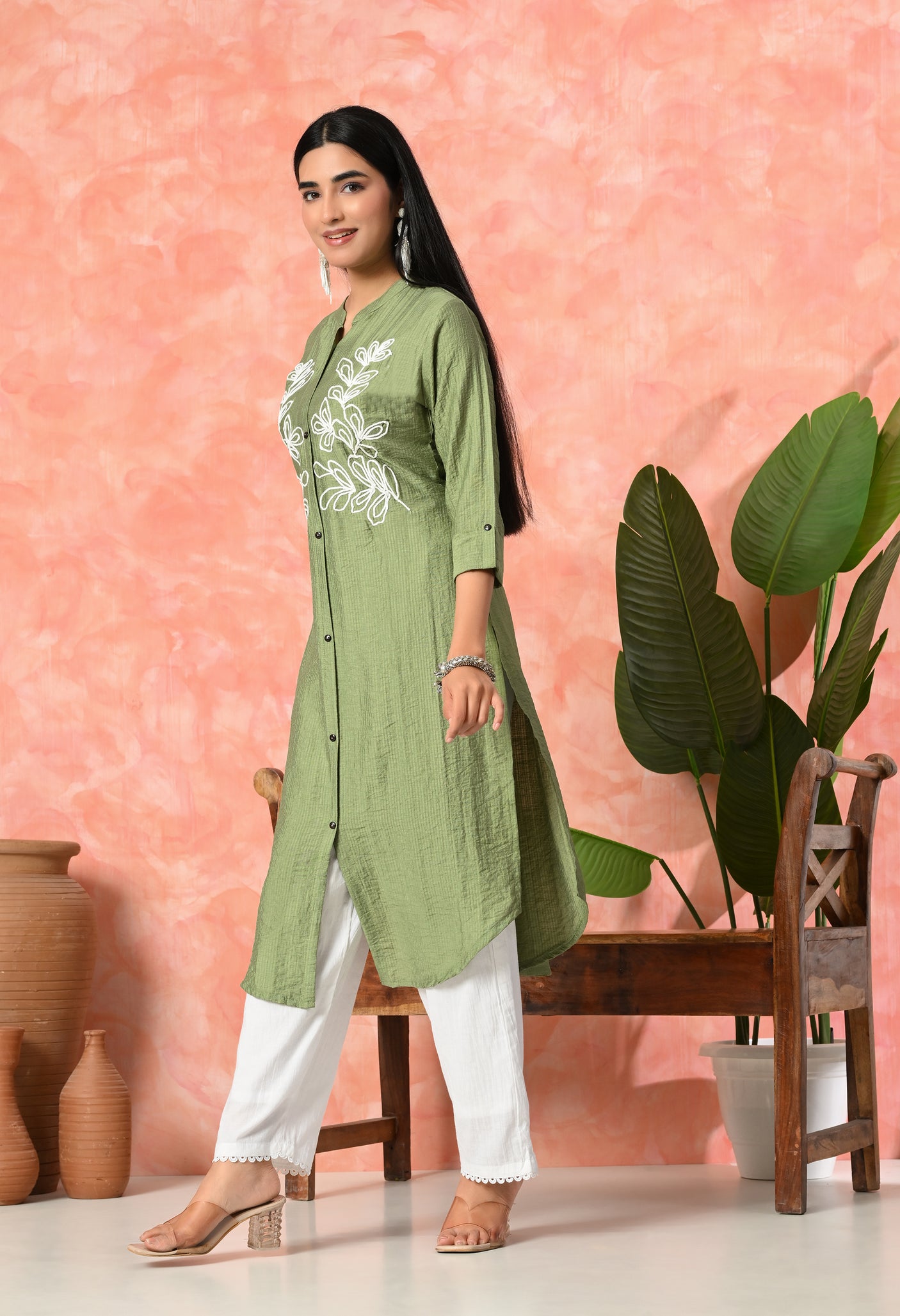 Leaf Embroidered Cotton Kurti