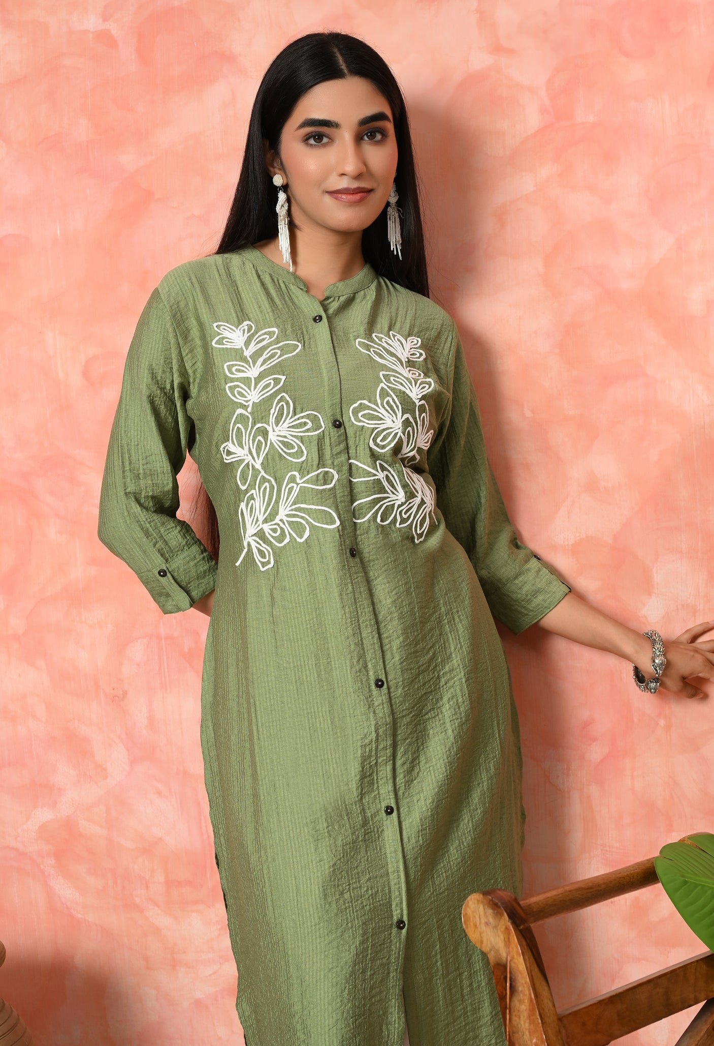 Leaf Embroidered Cotton Kurti