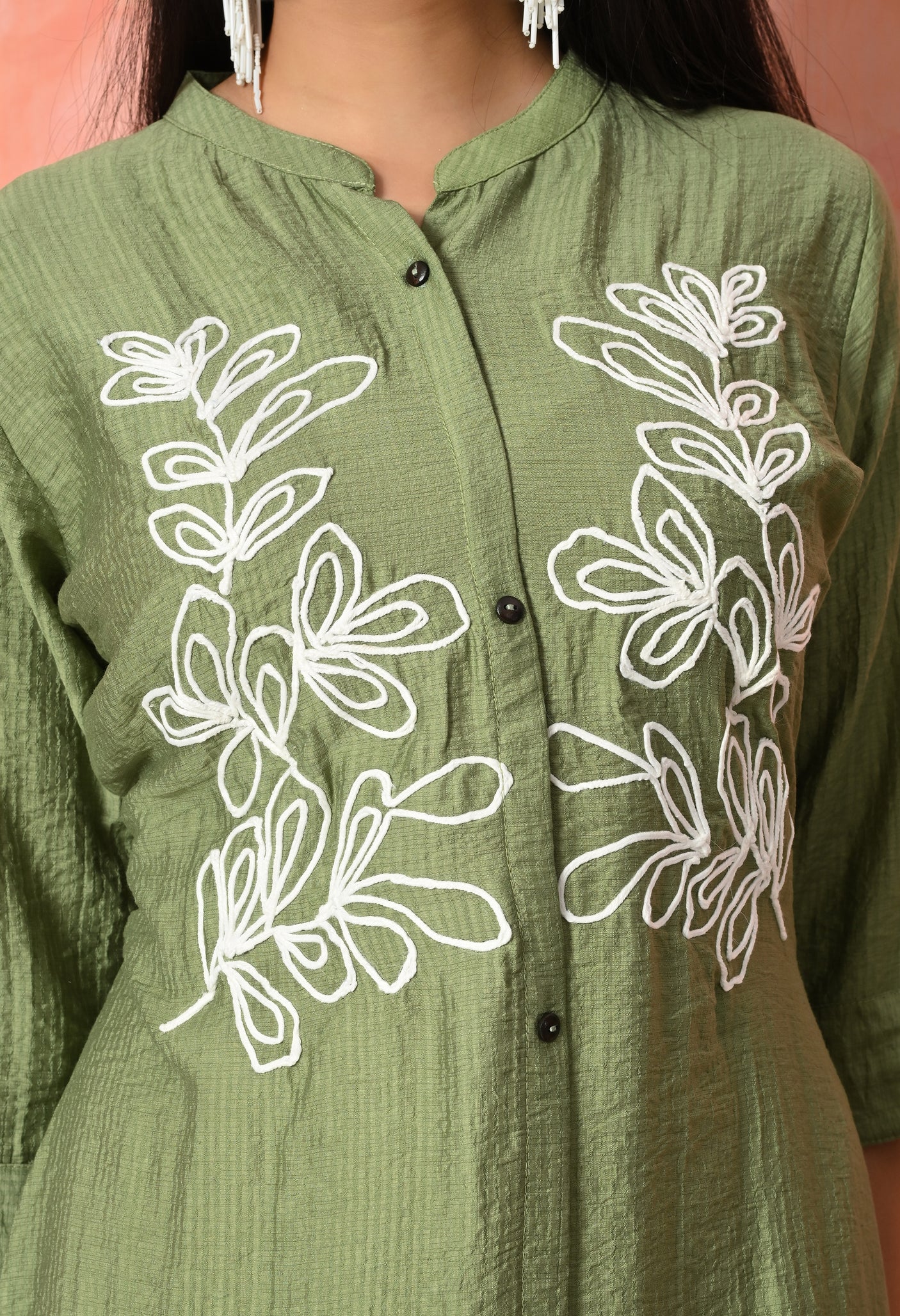 Leaf Embroidered Cotton Kurti