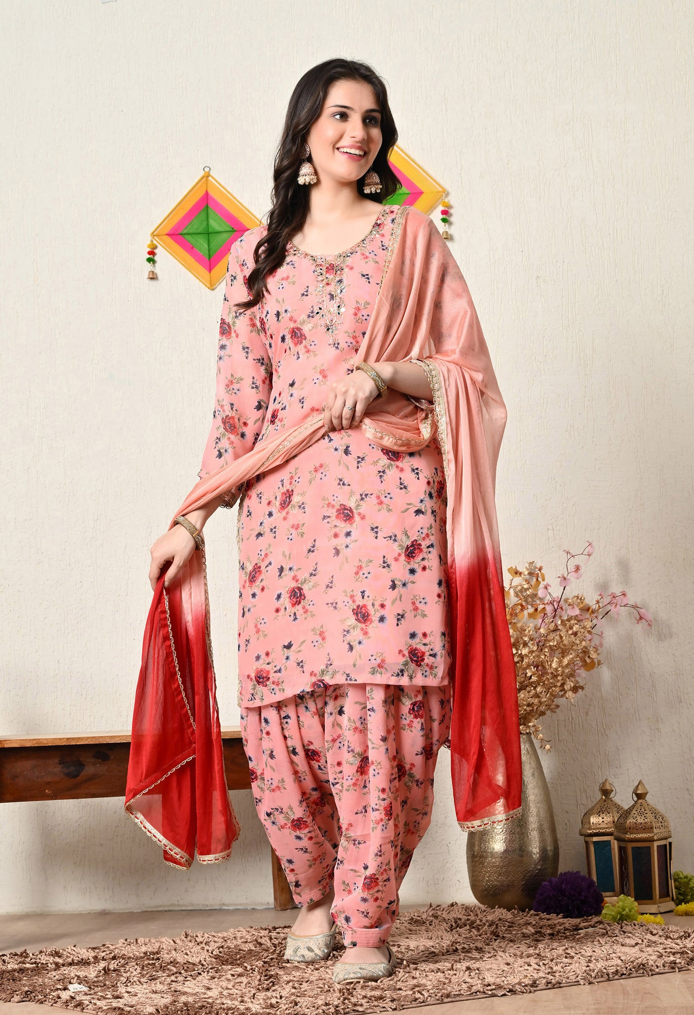 Floral Pink  Patiala Salwar Suit