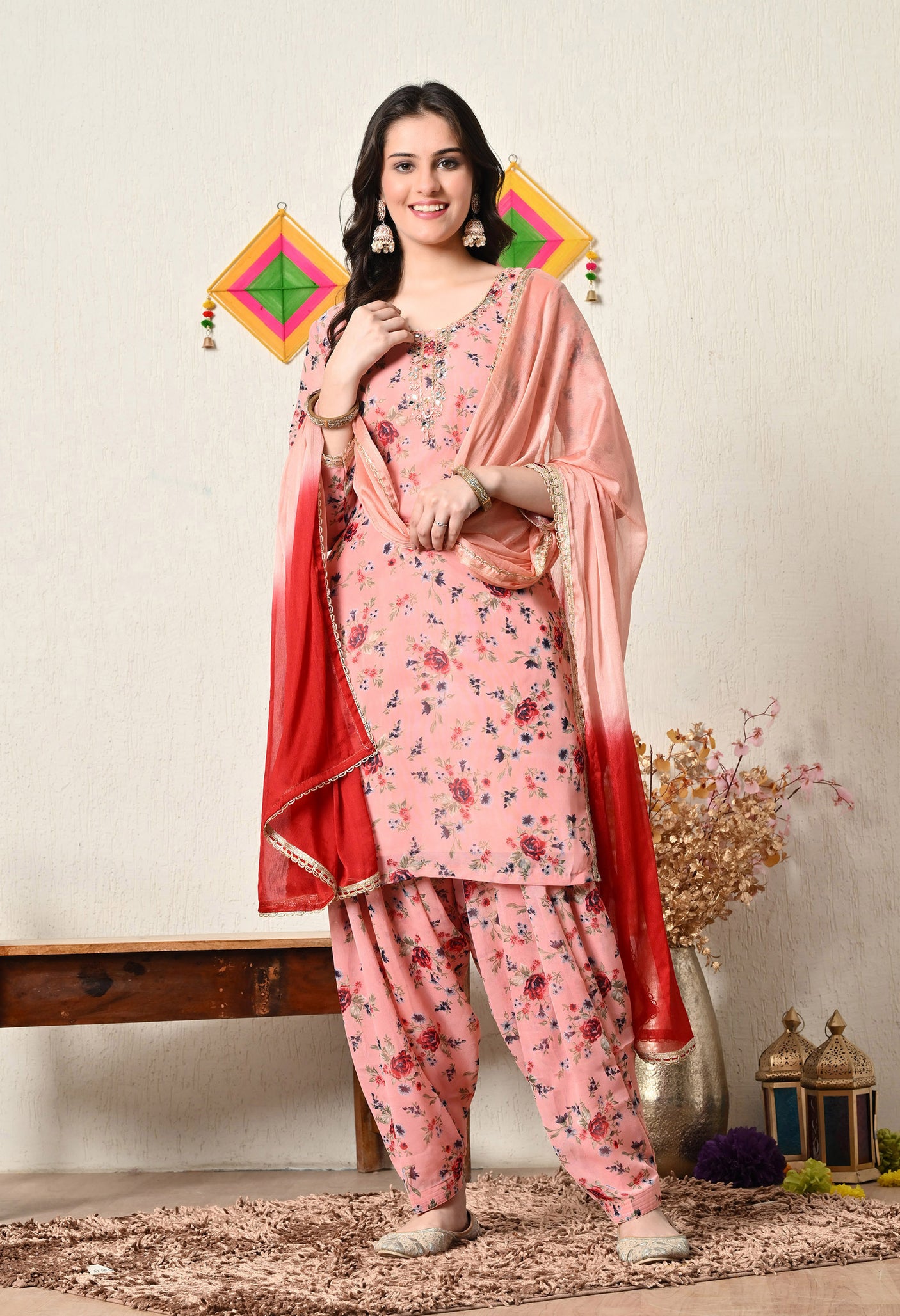 Floral Pink  Patiala Salwar Suit