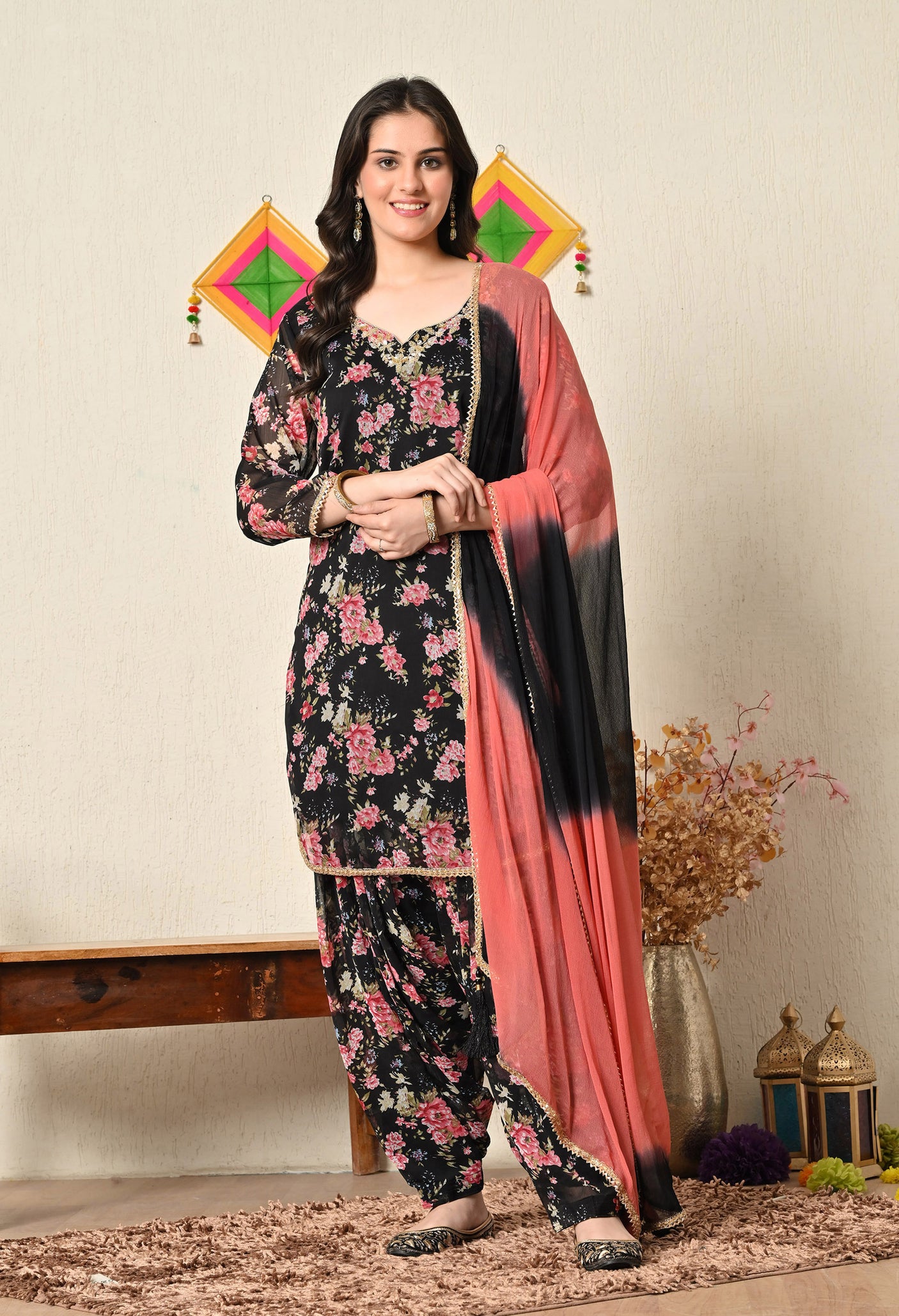 Black Flower Patiala Suit