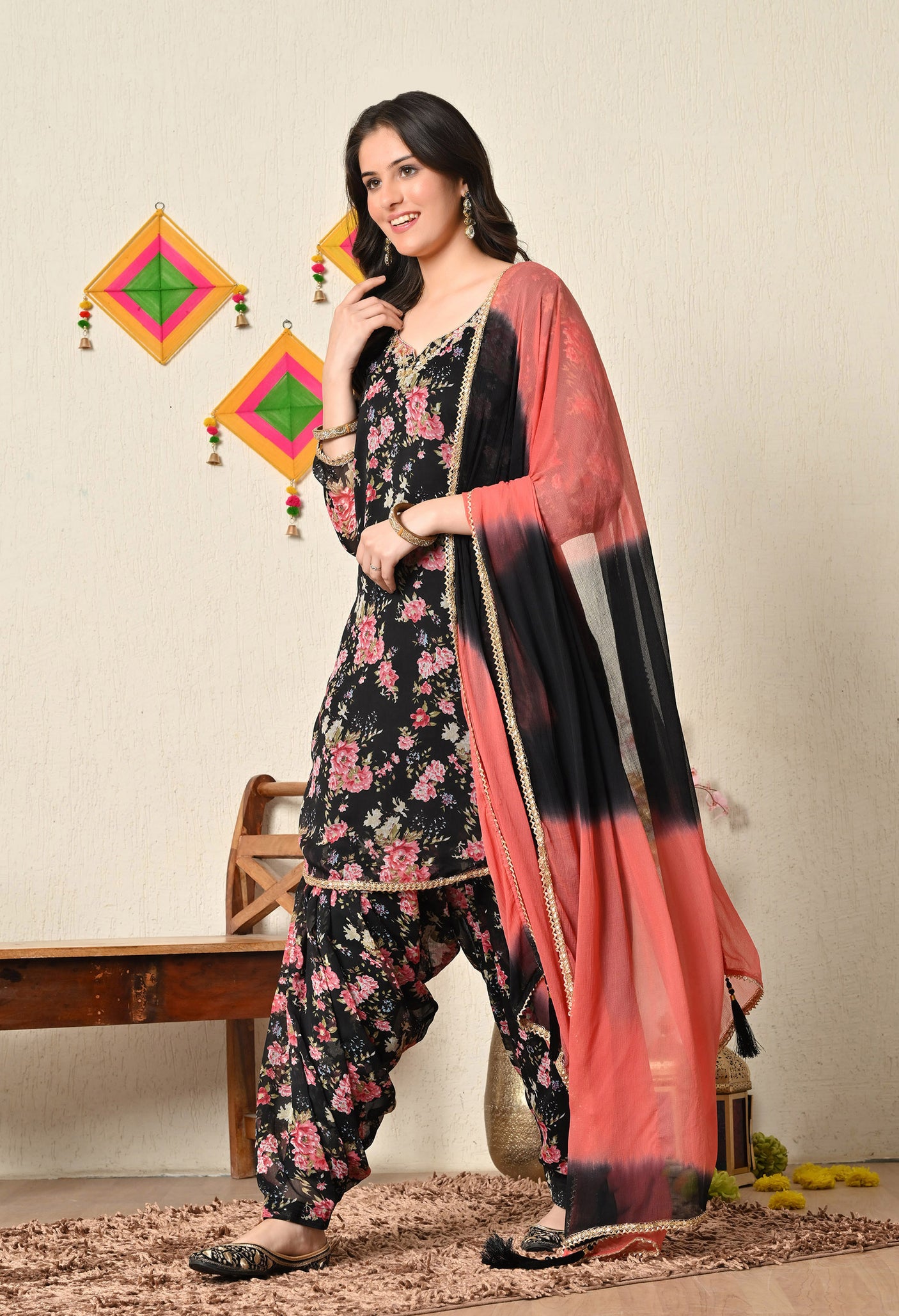 Black Flower Patiala Suit