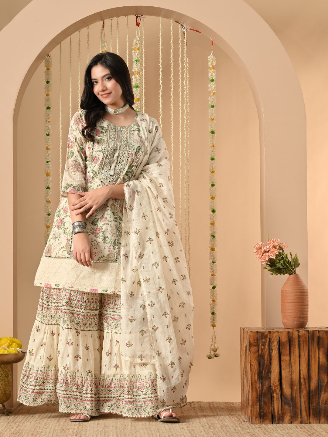 White Pearl cotton gharara suit