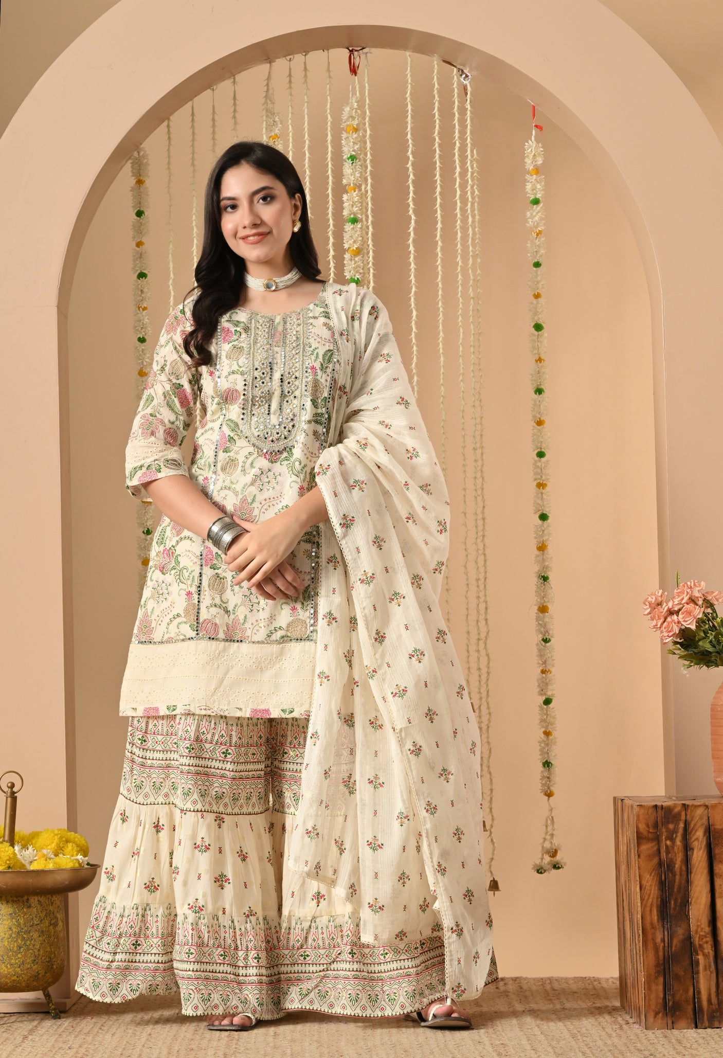 White Pearl cotton gharara suit