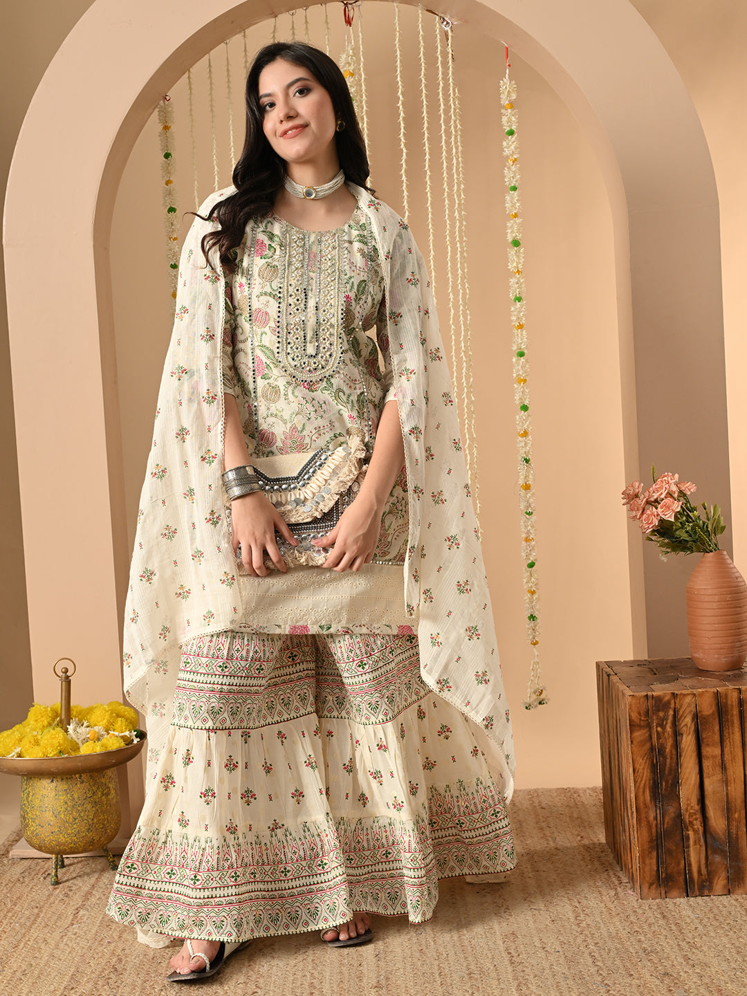 White Pearl cotton gharara suit