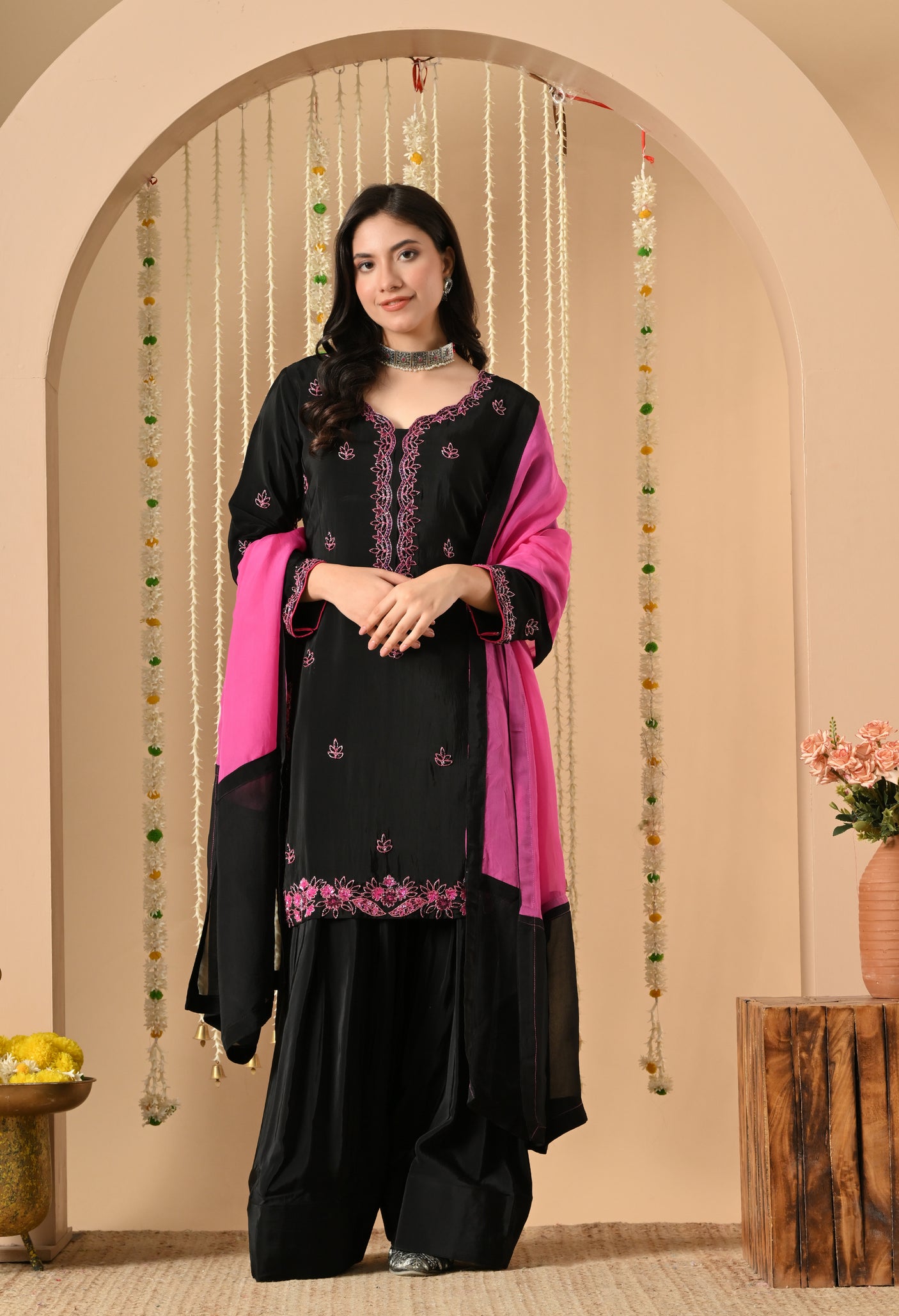 Black Pink Hand Work Farshi