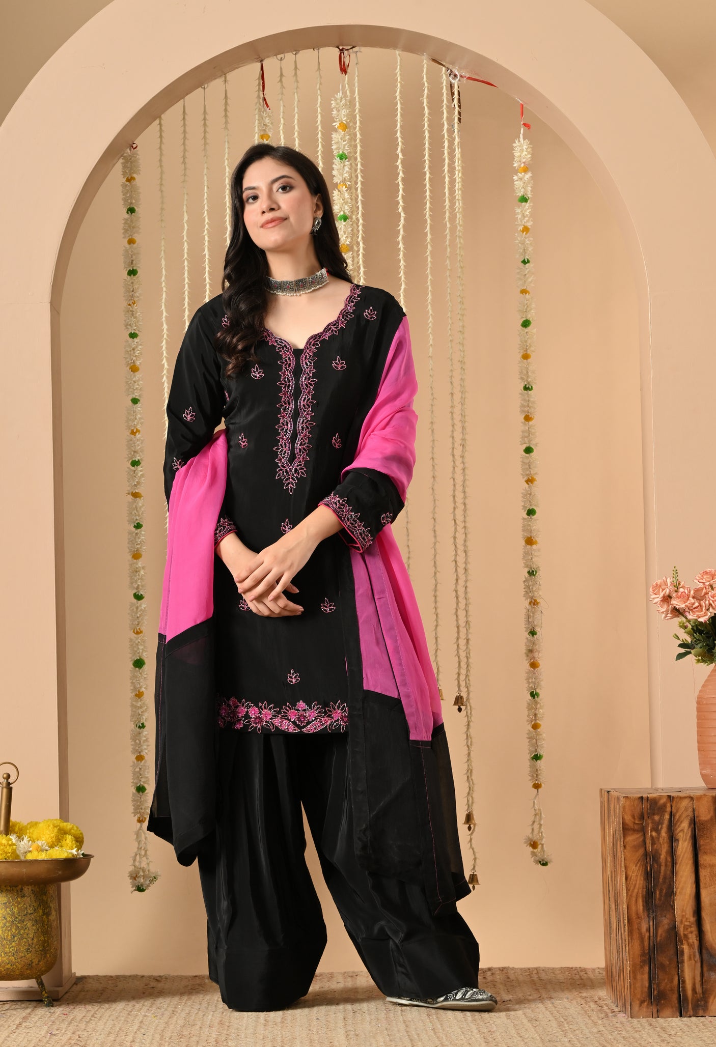Black Pink Hand Work Farshi