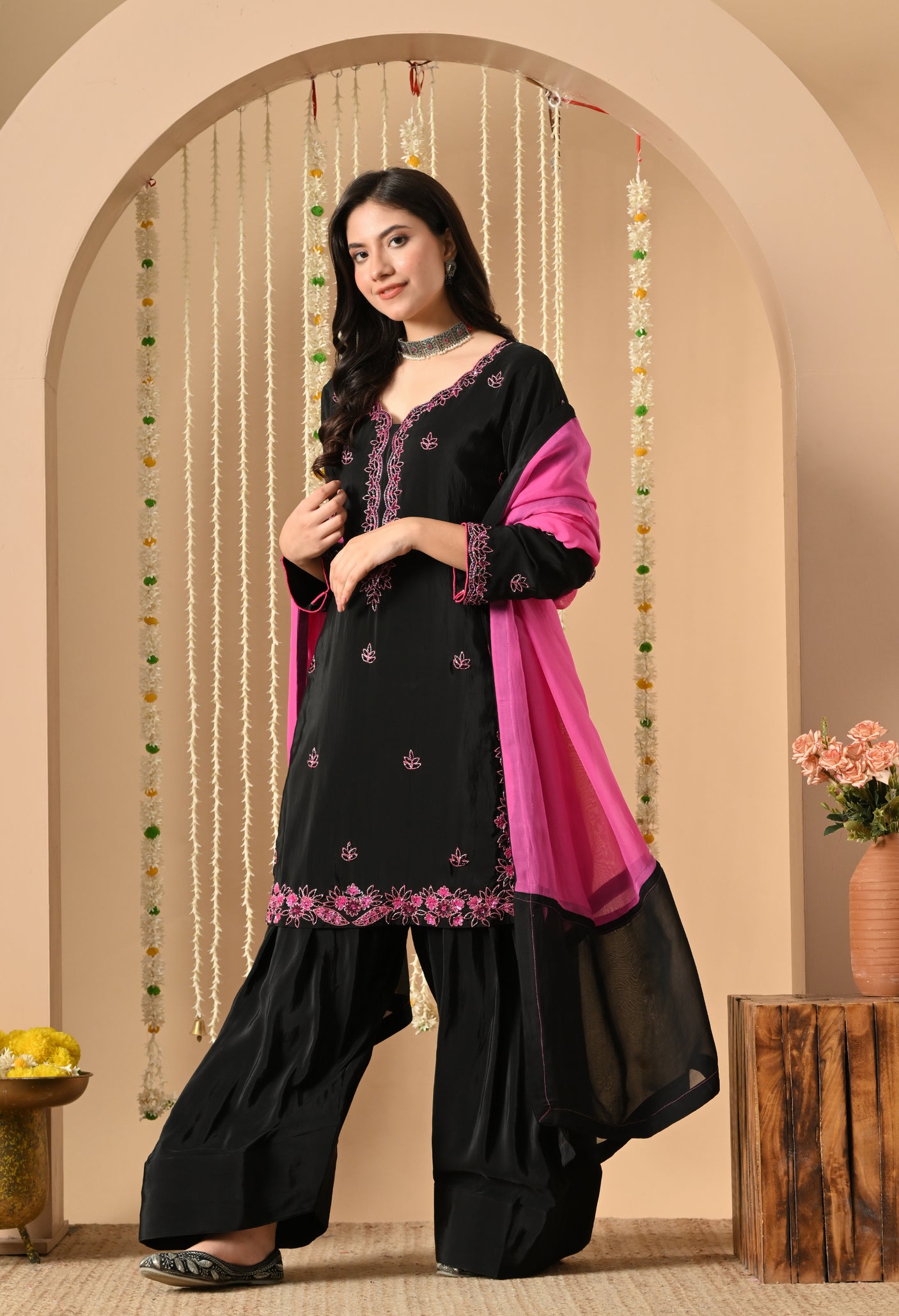 Black Pink Hand Work Farshi