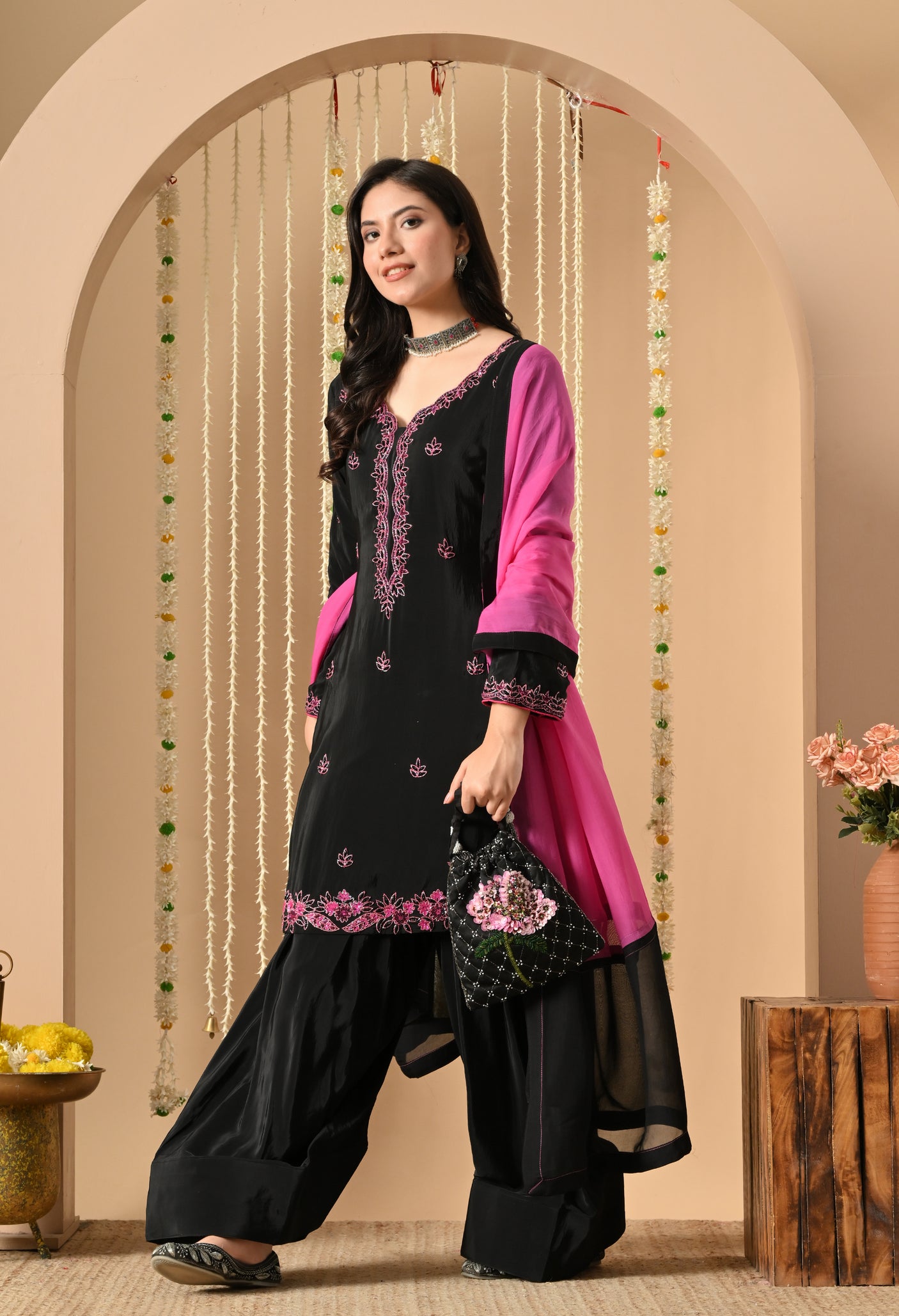 Black Pink Hand Work Farshi