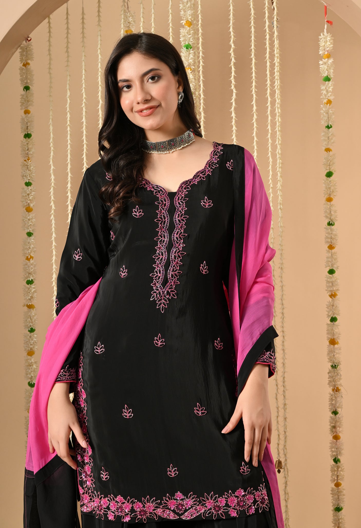 Black Pink Hand Work Farshi