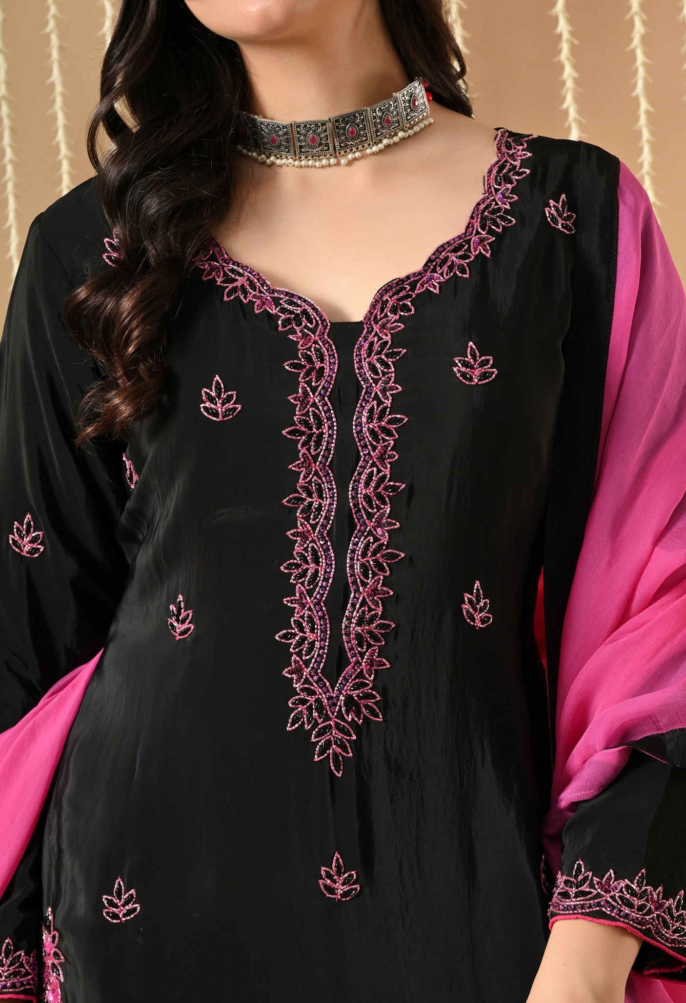 Black Pink Hand Work Farshi