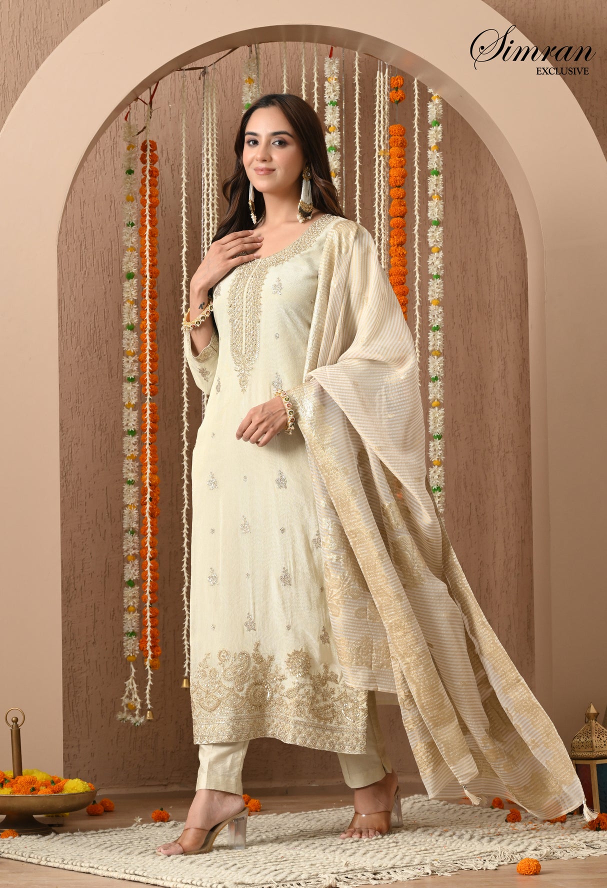 Beige Golden Embroidered Suit
