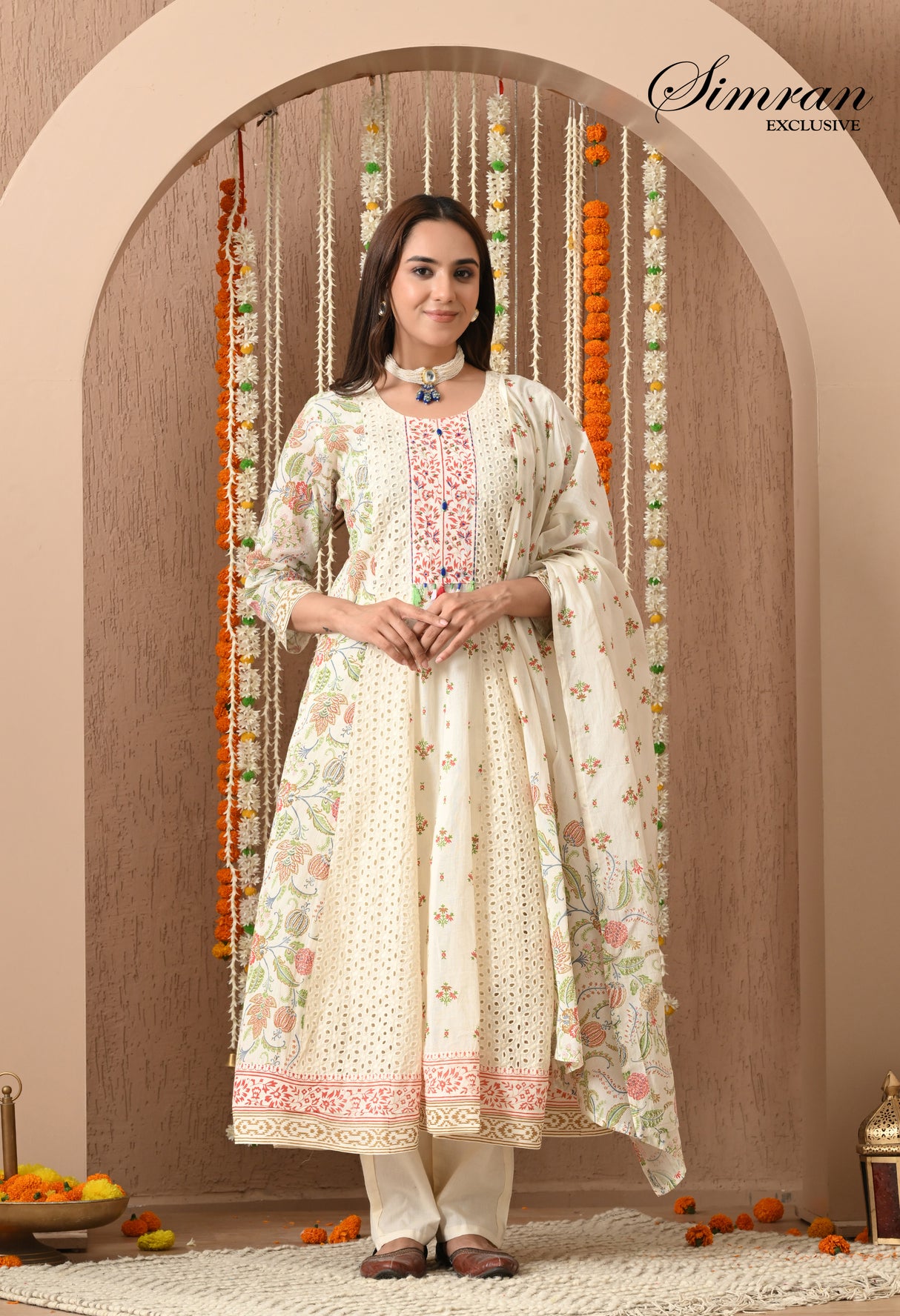 traditional off white anarkali suit