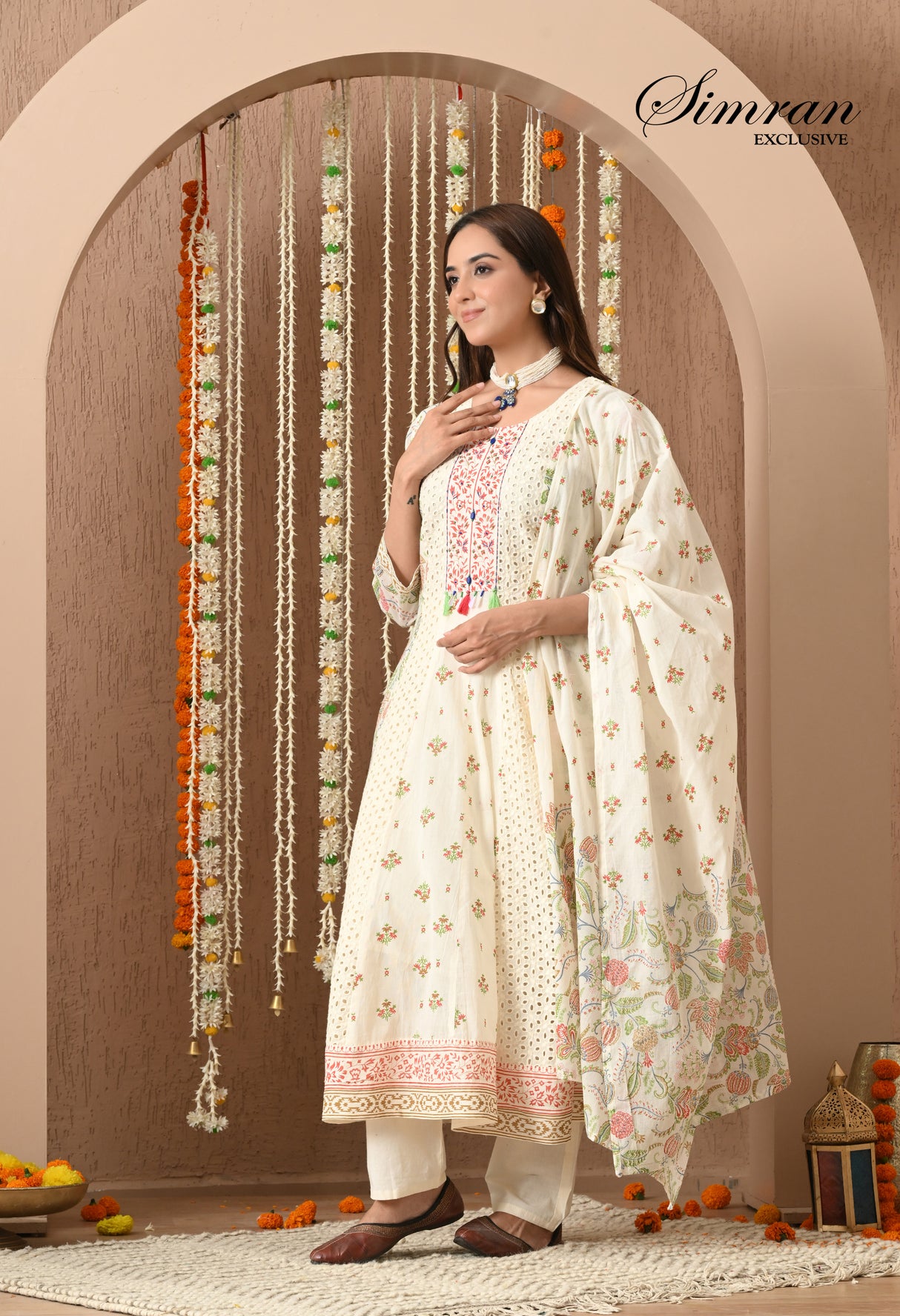 traditional off white anarkali suit