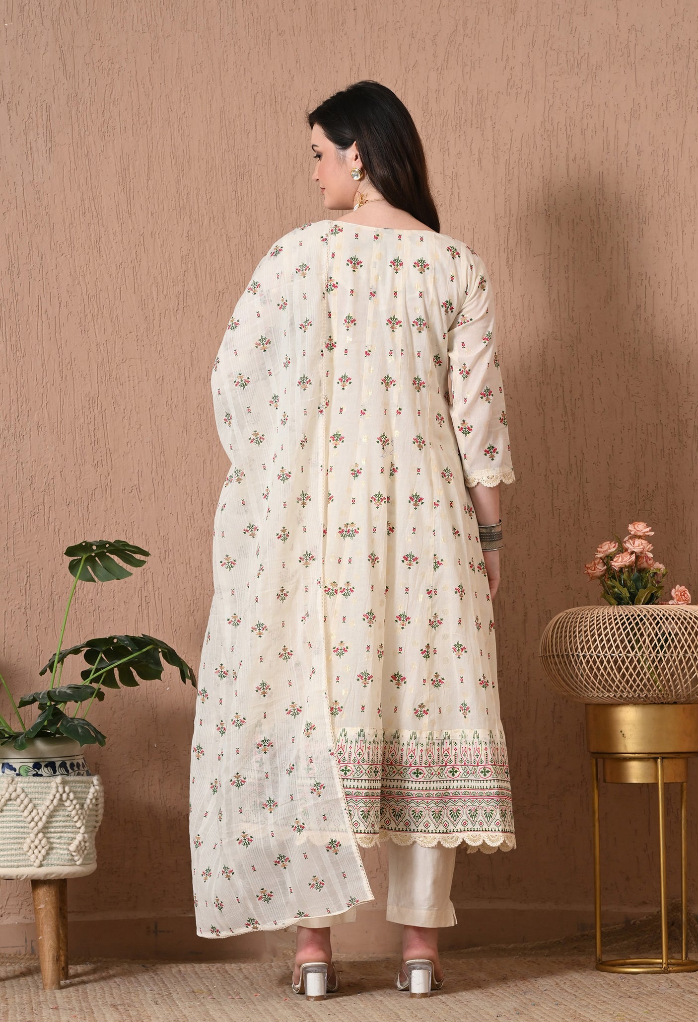 COTTON WHITE PEARL ANARKALI SUIT