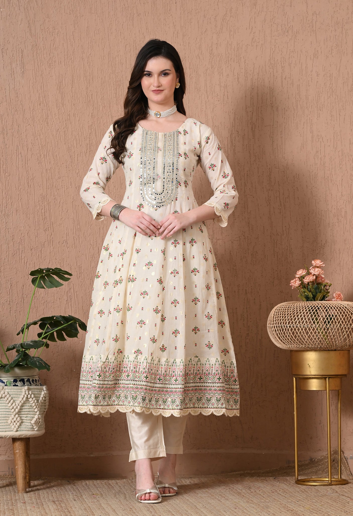 COTTON WHITE PEARL ANARKALI SUIT