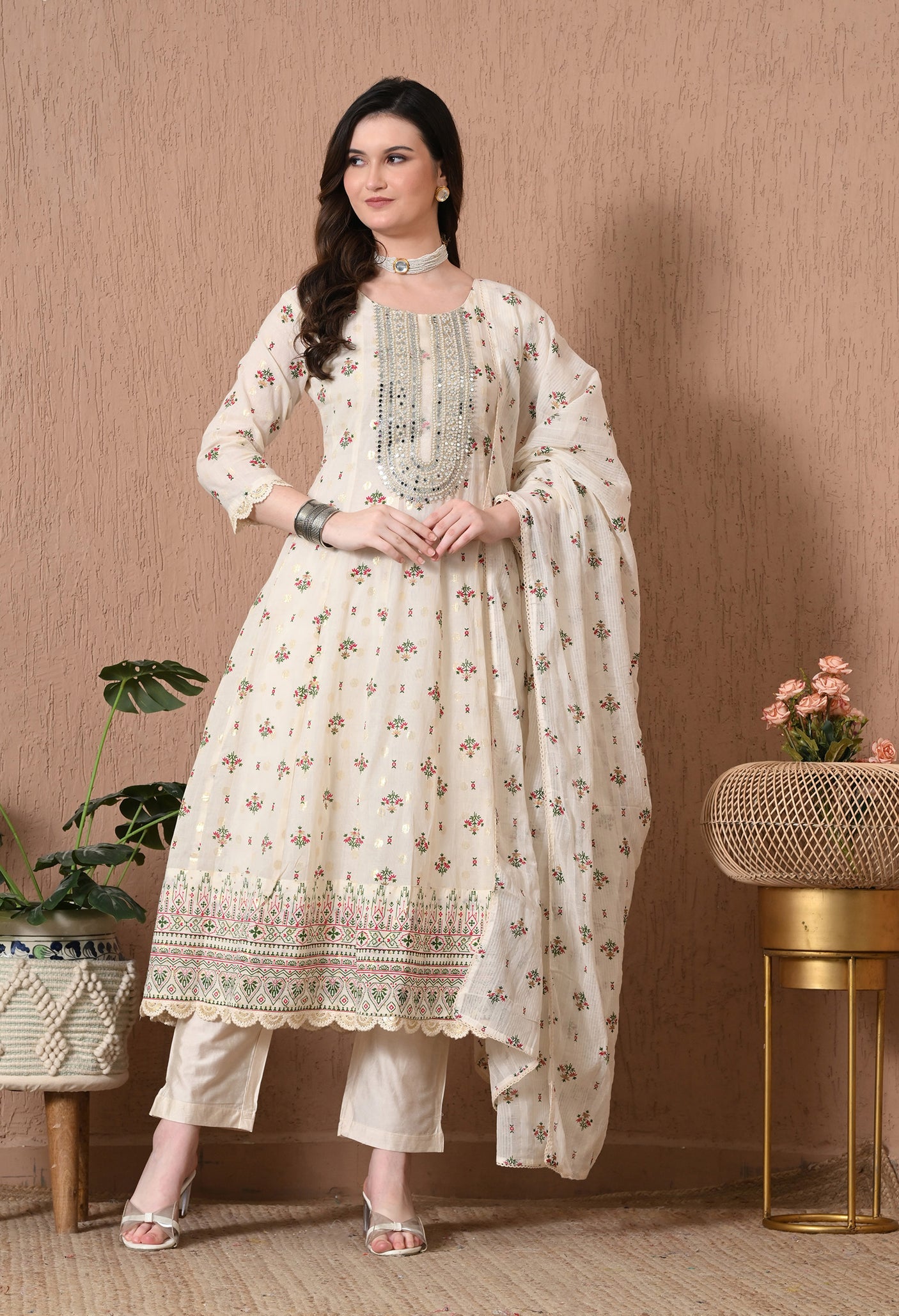COTTON WHITE PEARL ANARKALI SUIT