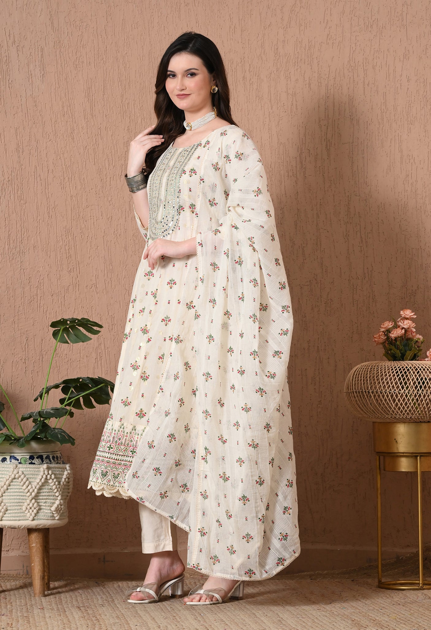 COTTON WHITE PEARL ANARKALI SUIT