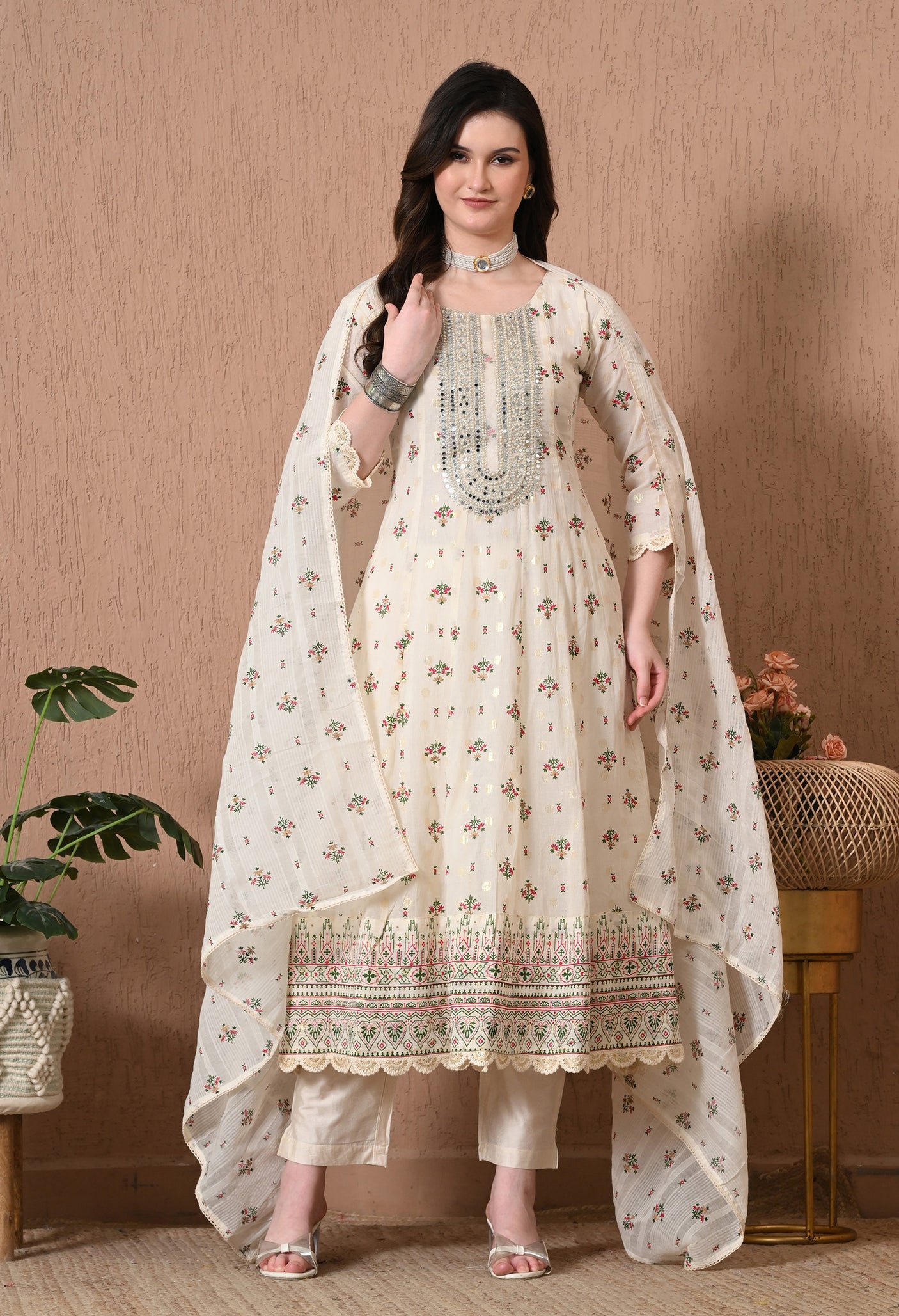 COTTON WHITE PEARL ANARKALI SUIT