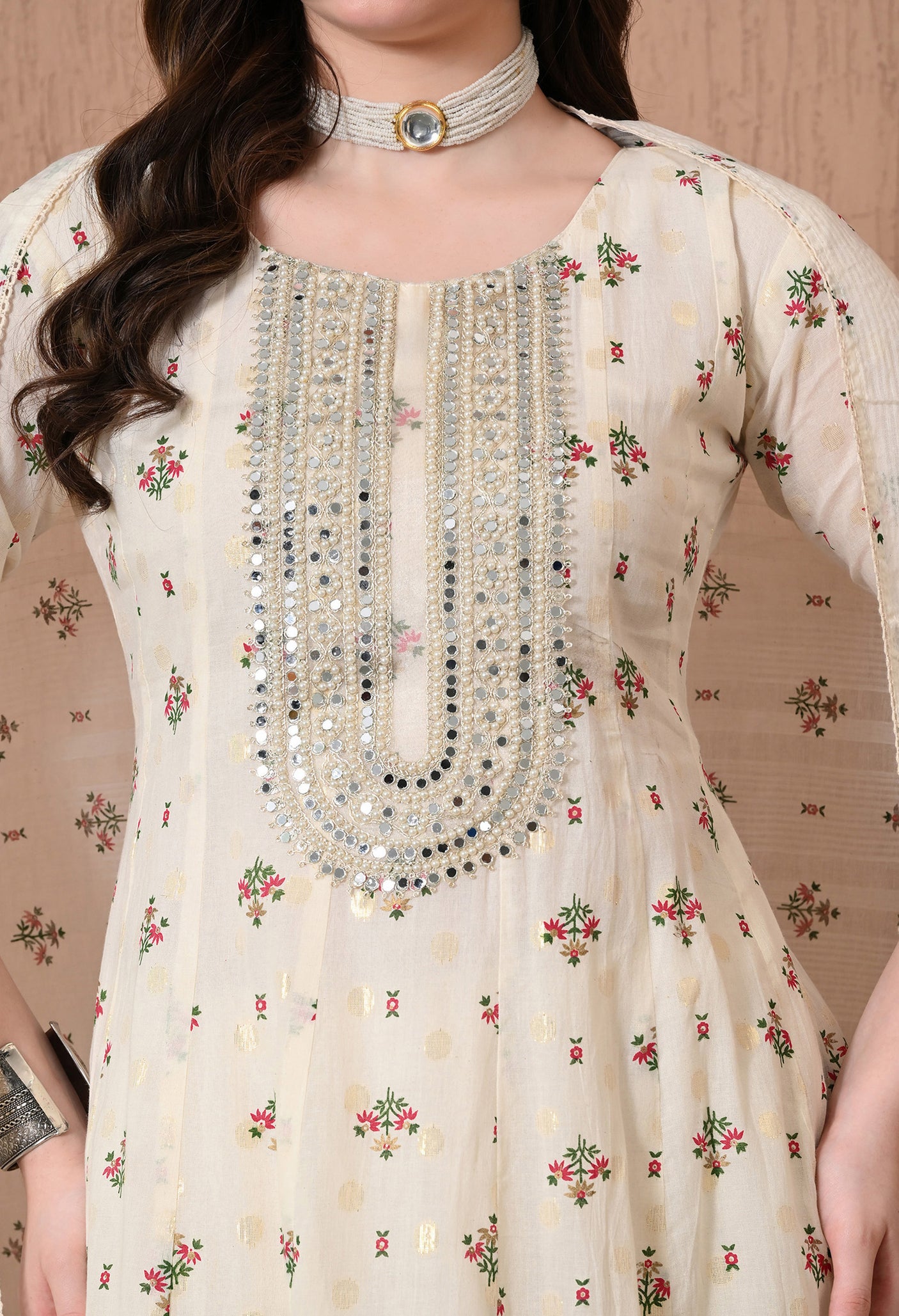 COTTON WHITE PEARL ANARKALI SUIT