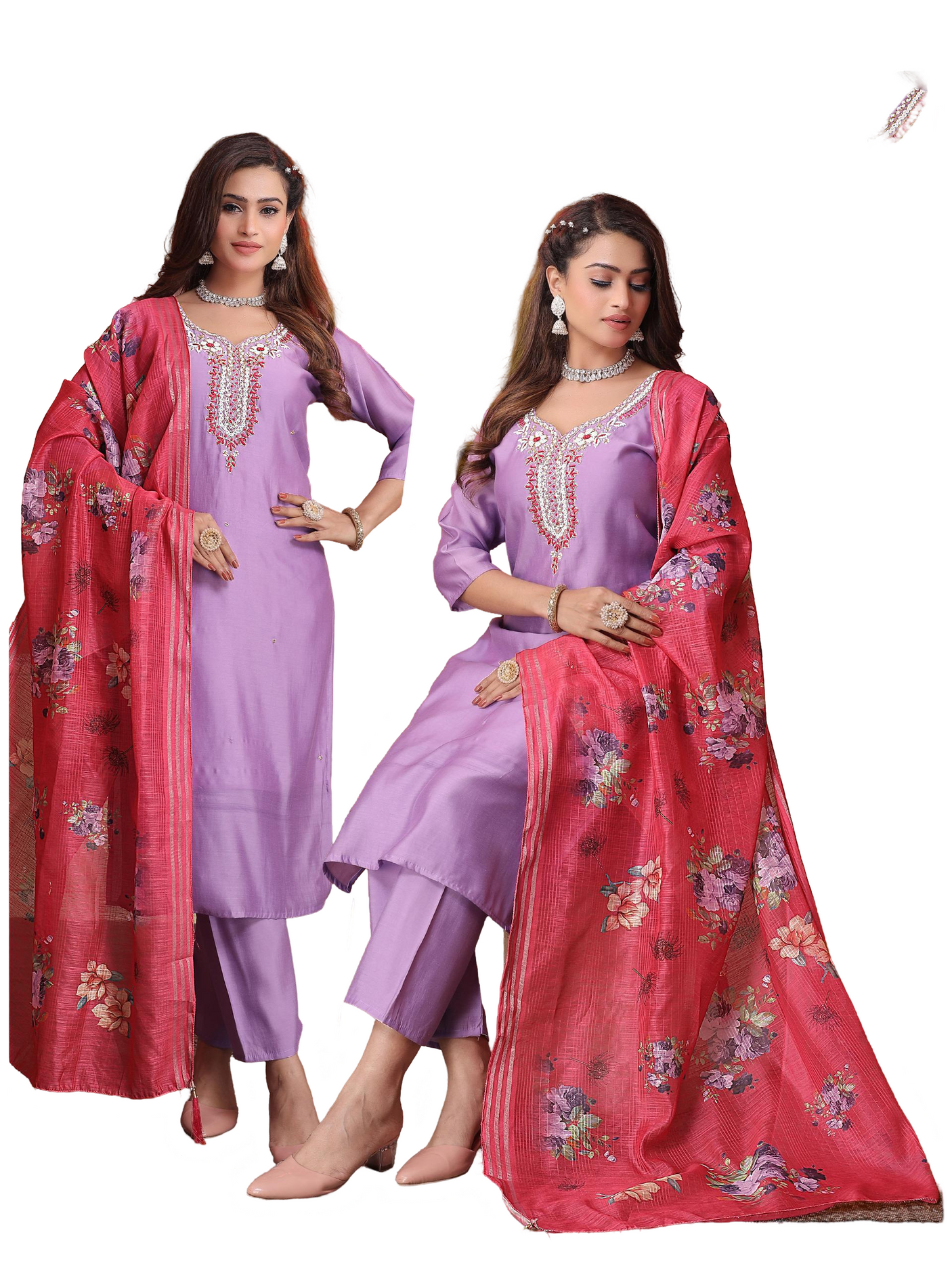 Lilac Suit with Red Floral Dupatta