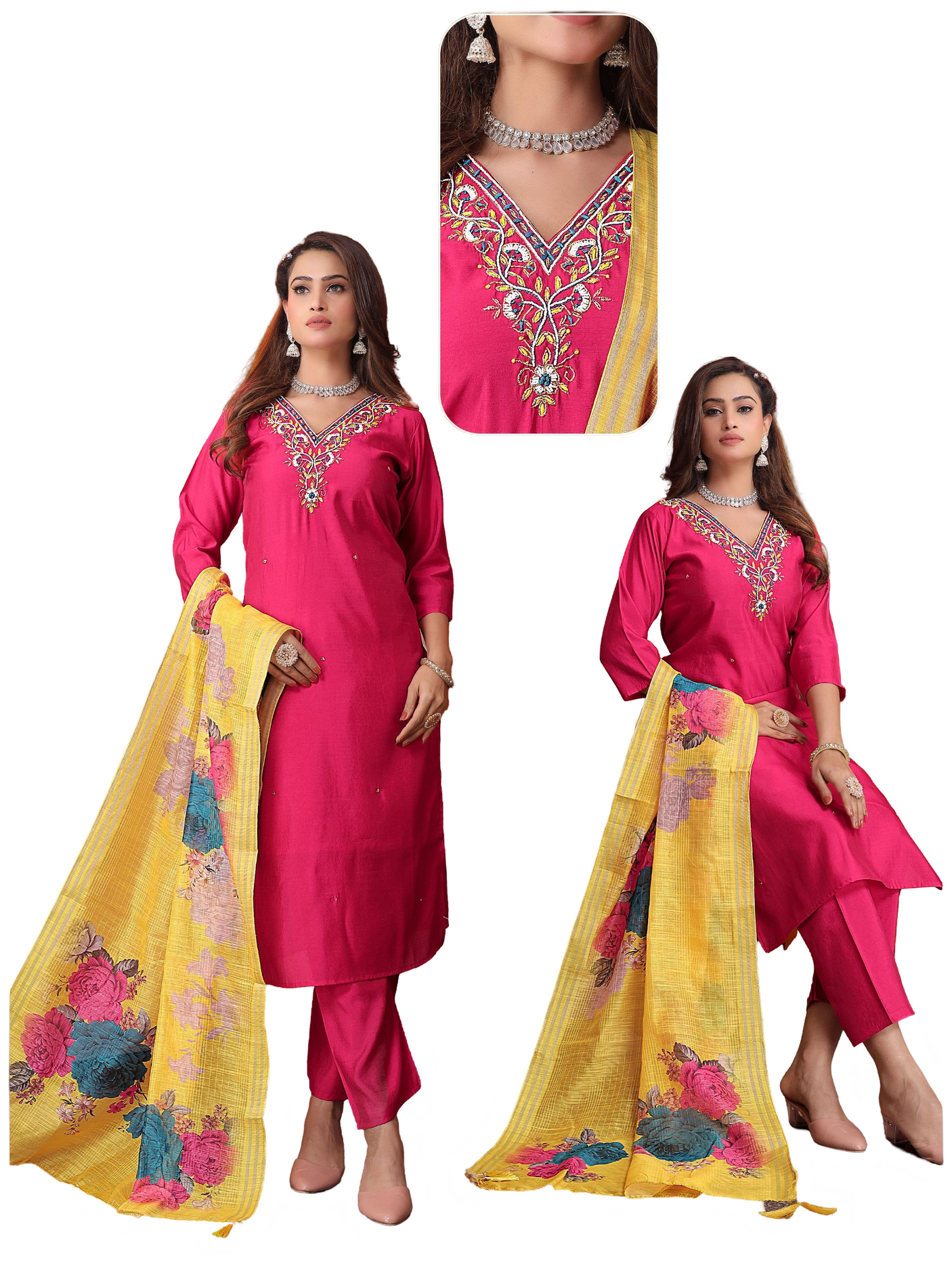 Fuchsia Kurta Set with Floral Yellow Dupatta